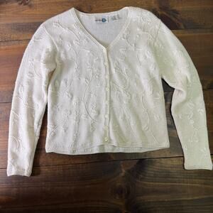 Vintage Paul Harris Design Cream Knit Floral Embroidered Cardigan Women's Small